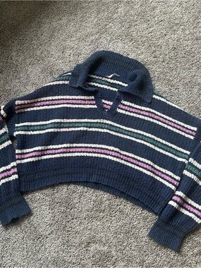 Free People Navy Cropped V-Neck Sweater with Pink, Green & Cream Stripes